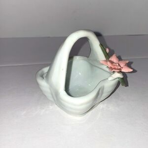 Vintage Porcelain Mini Trinket Basket With Hand Painted Flower Detail